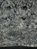 Orchid Design Sequins - Silver - 4 Way Stretch Full Sequins Floral Design Mesh Fabric By Yard