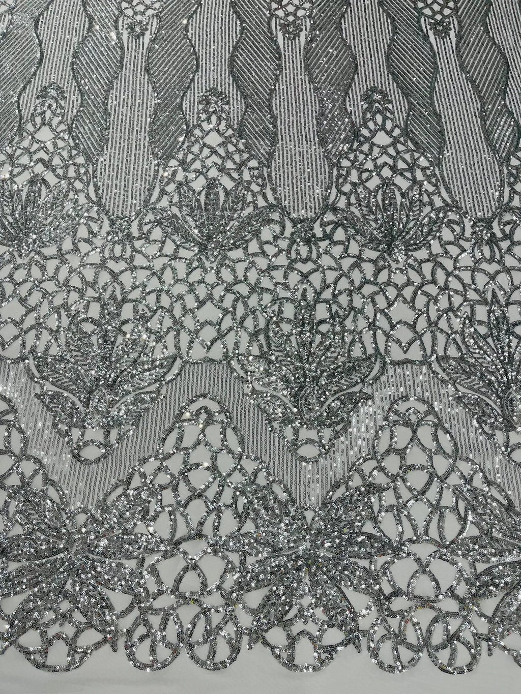 Elegant Floral Leaf Design - Silver - 4 Way Stretch Sequins Lace Spandex Fabric By Yard
