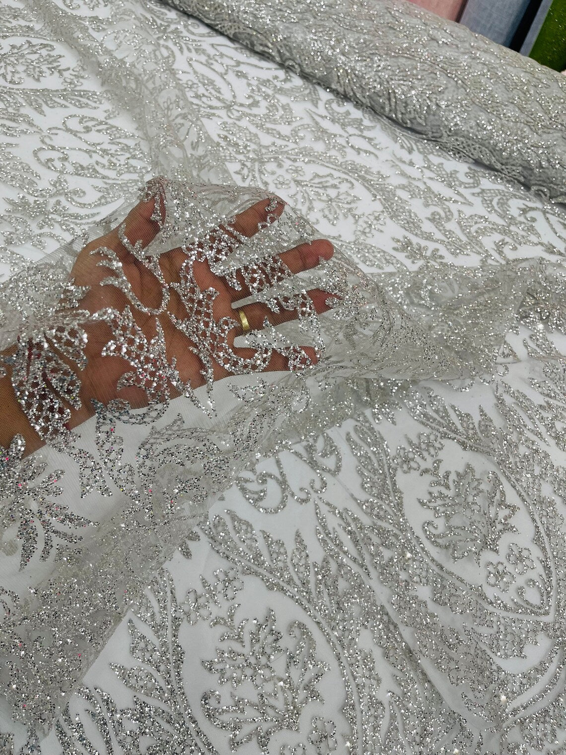 Fancy Damask Glitter Design - Silver - Tulle Mesh with Fancy Damask Designs Sold By Yard
