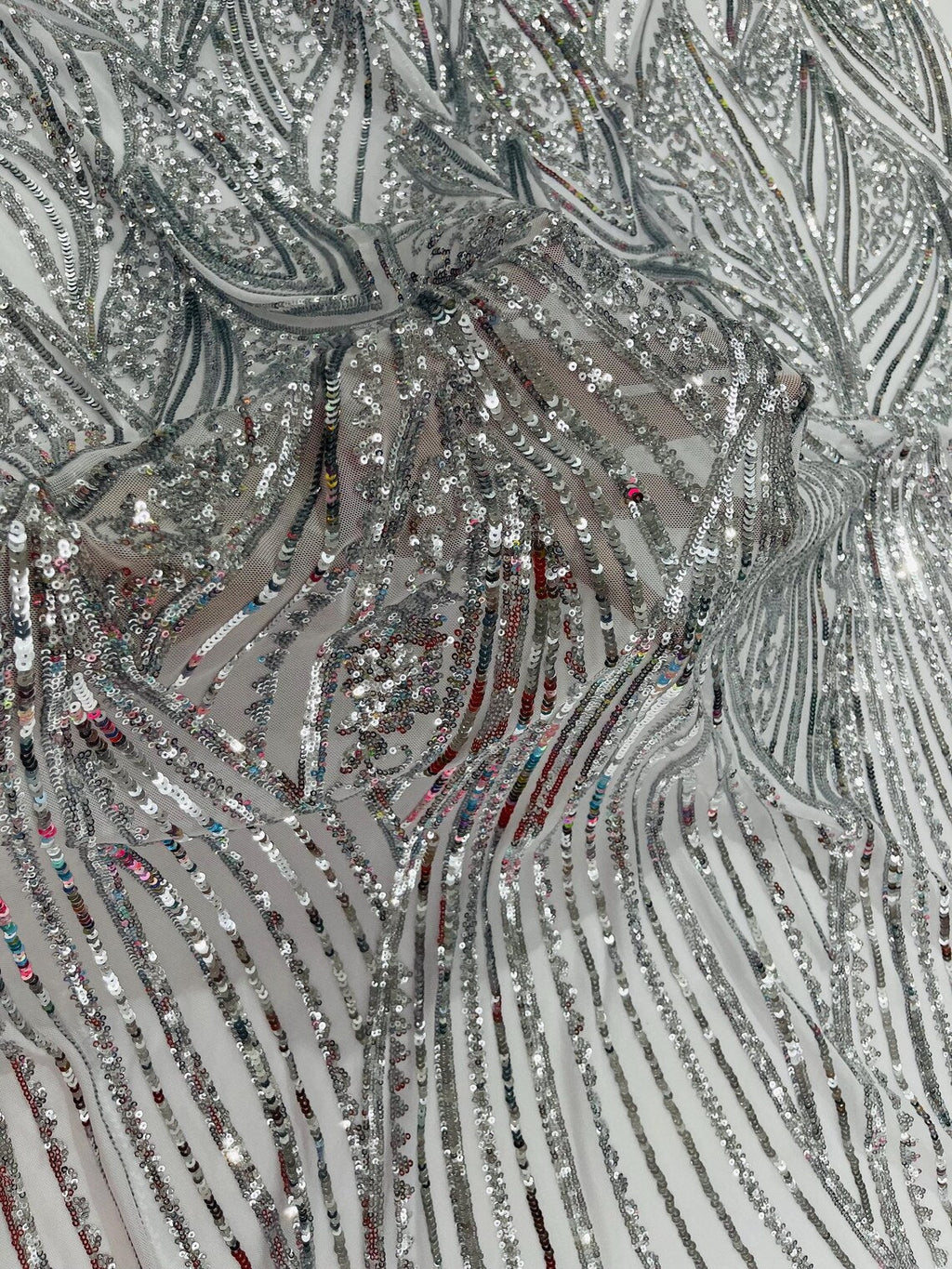 Curvy Line Design Fabric - Silver - 4 Way Stretch Sequins Design Mesh Lace Fabric by Yard