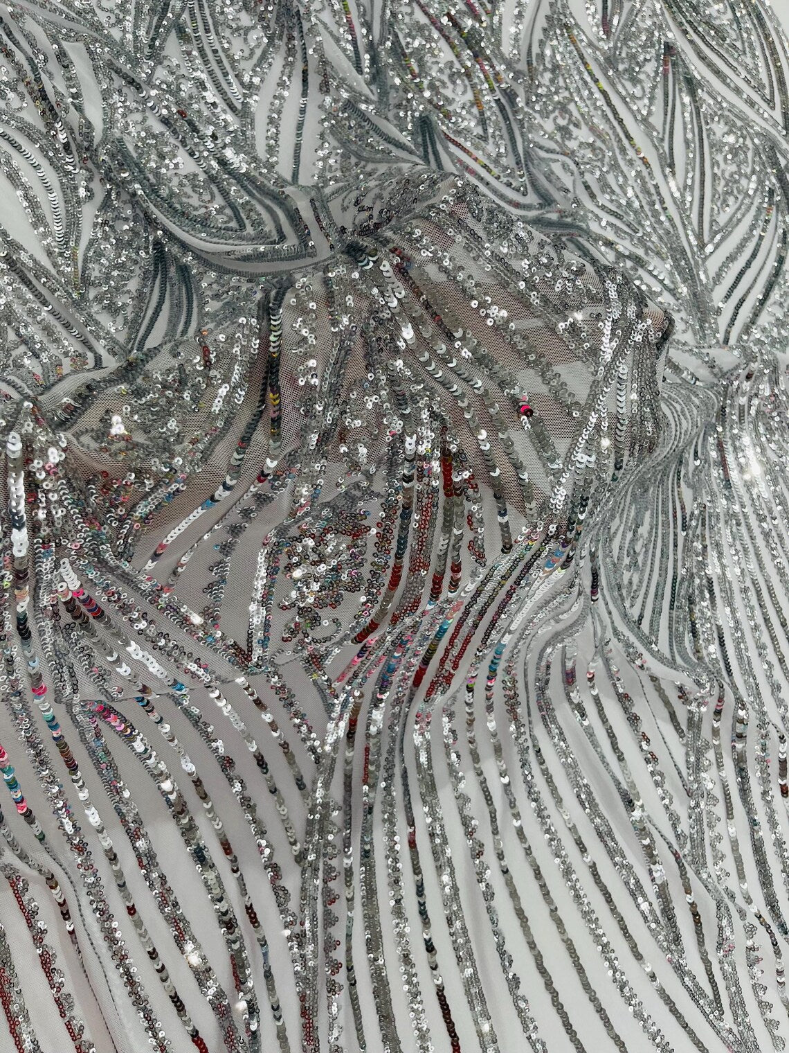 Curvy Line Design Fabric - Silver - 4 Way Stretch Sequins Design Mesh Lace Fabric by Yard