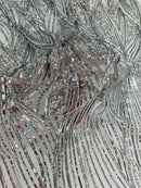 Curvy Line Design Fabric - Silver - 4 Way Stretch Sequins Design Mesh Lace Fabric by Yard