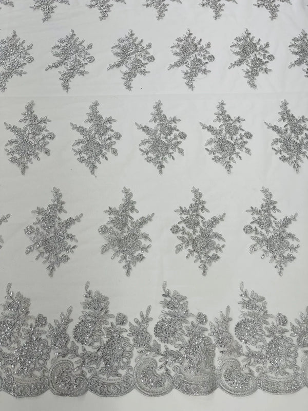 Floral Lace Flower Fabric - Silver - Floral Embroidered Fabric with Sequins on Lace By Yard