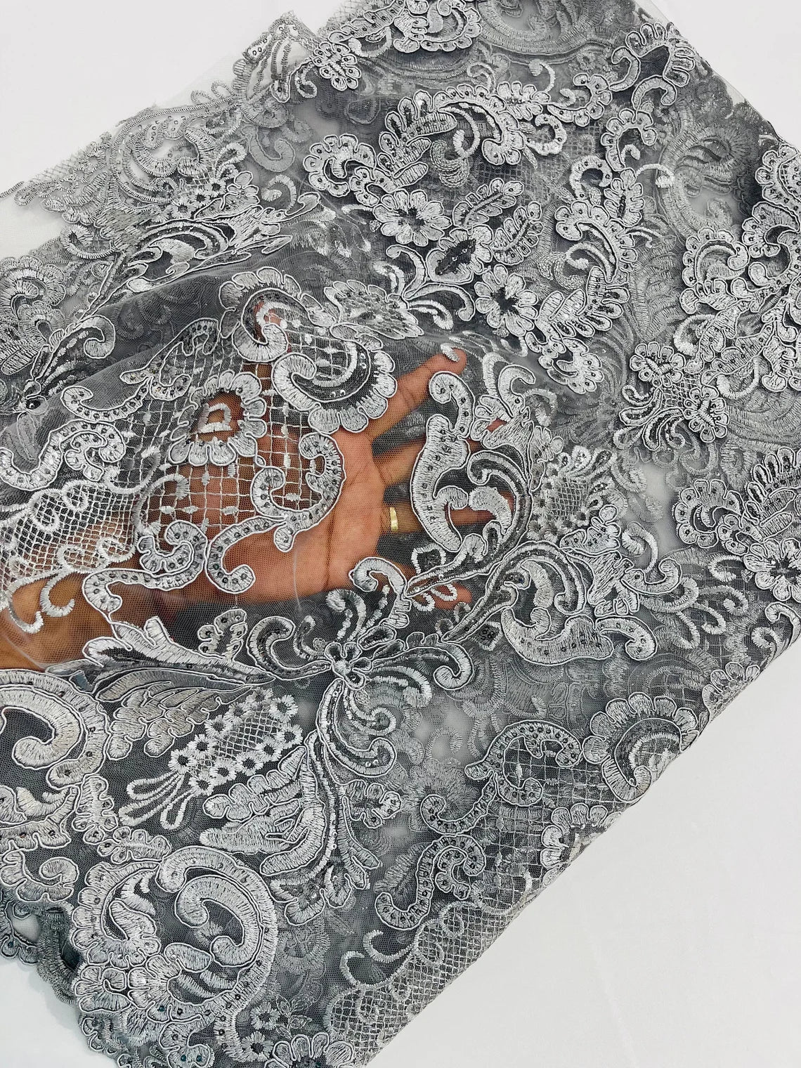 King Lace Pattern Fabric - Silver - Embroidered Sequins on Lace Mesh Fabric By Yard