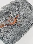 King Lace Pattern Fabric - Silver - Embroidered Sequins on Lace Mesh Fabric By Yard