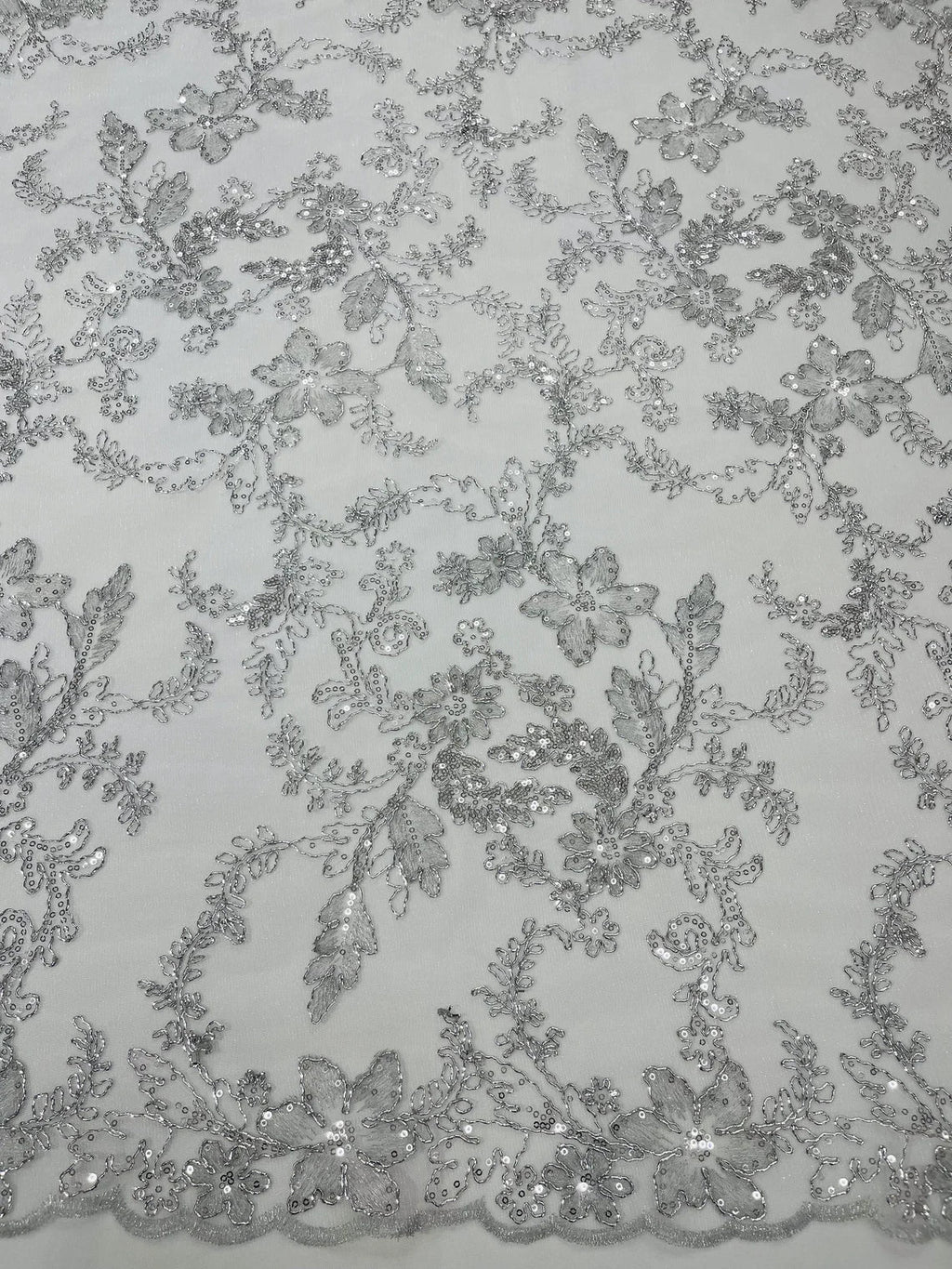 Floral Metallic Lace Fabric - Silver - Corded Embroidered Floral Sequins Fabric by Yard