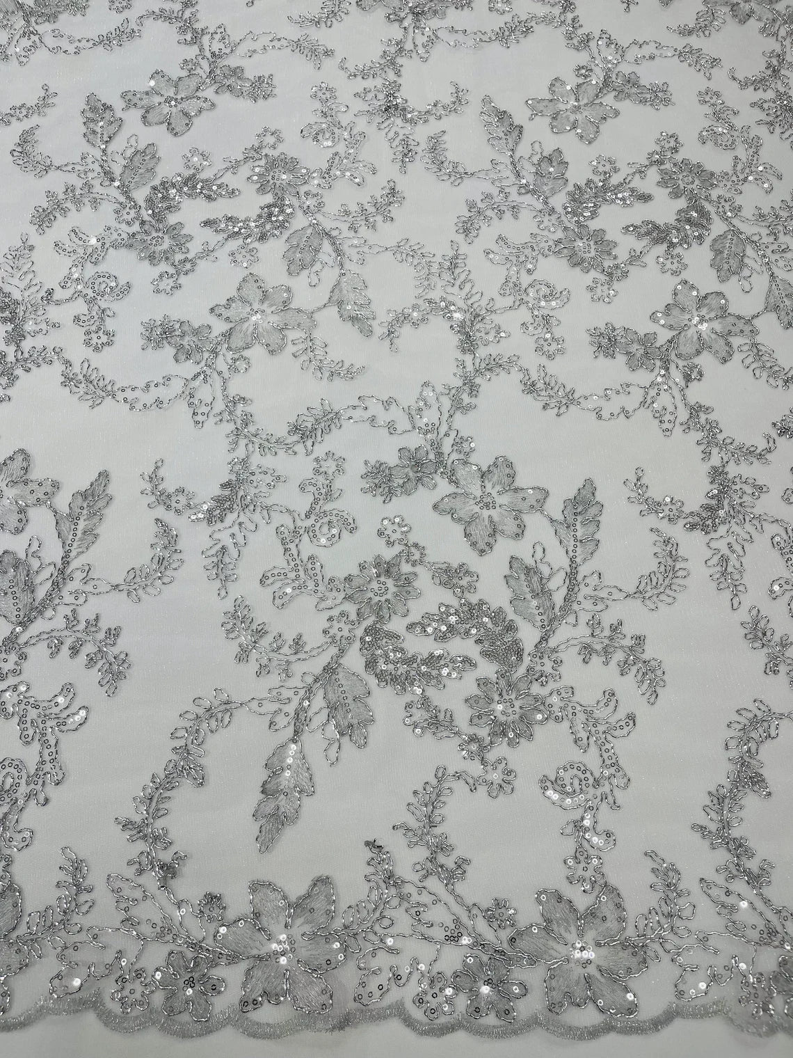 Floral Metallic Lace Fabric - Silver - Corded Embroidered Floral Sequins Fabric by Yard