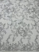 Floral Metallic Lace Fabric - Silver - Corded Embroidered Floral Sequins Fabric by Yard