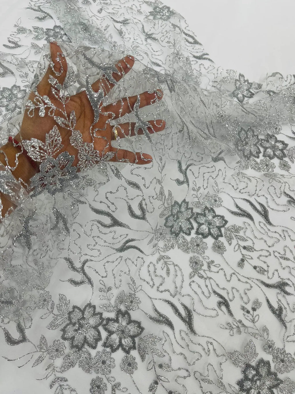 Flower Glitter Fabric - Silver - 3D Floral Tulle Fabric for Wedding, Quinceañera By Yard