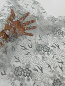 Flower Glitter Fabric - Silver - 3D Floral Tulle Fabric for Wedding, Quinceañera By Yard