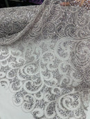 Beaded Swirl Design Fabric - Silver - Swirl Design with Beads and Sequins on Lace by Yard