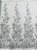 Flower 3D Fabric - Silver - Embroided Fabric Flower Pearls and Leaf Decor Sold by The Yard