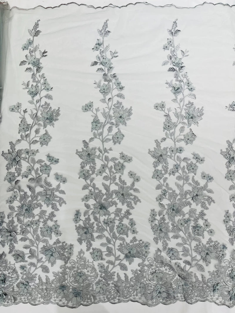 Flower 3D Fabric - Silver - Embroided Fabric Flower Pearls and Leaf Decor Sold by The Yard