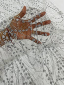 Tulle Glitter Fancy Line Fabric - Silver - Tulle Fabric with Sparkle Glitter Design Sold By Yard