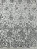 Damask Glitter Fabric - Silver - Geometric Glitter Design Fabric on Mesh by Yard