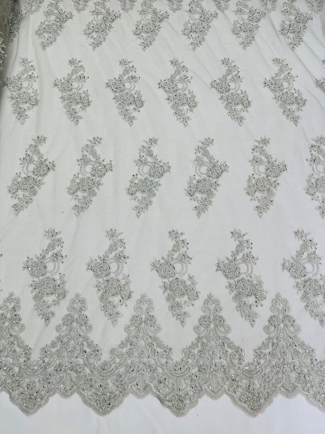 Beaded Floral Fabric - Silver #1 - Embroidered Flower Cluster Beaded Fabric Sold By Yard