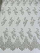 Beaded Floral Fabric - Silver