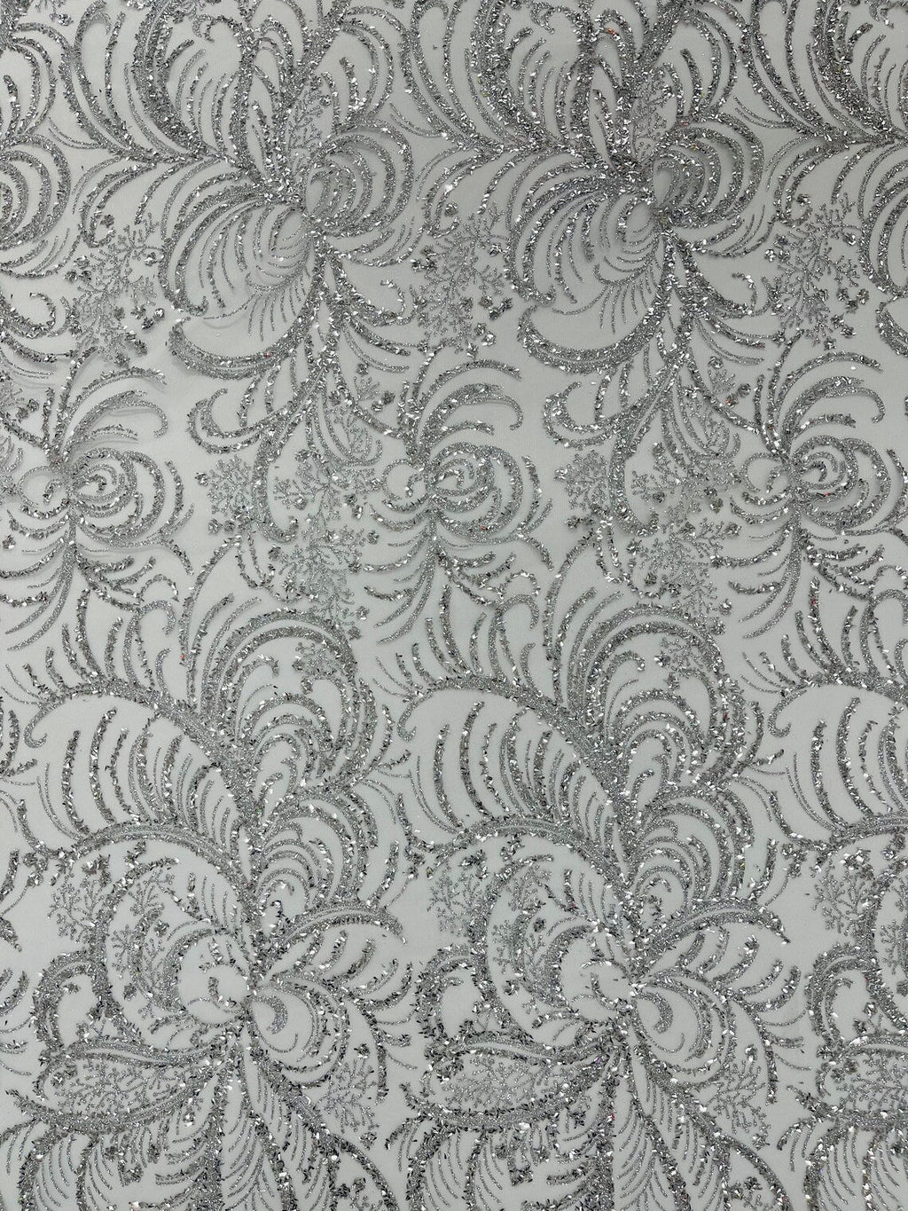 Glitter Palm Leaf Design Fabric - Silver - Tulle Mesh Glitter Leaf Design Fabric Sold By Yard