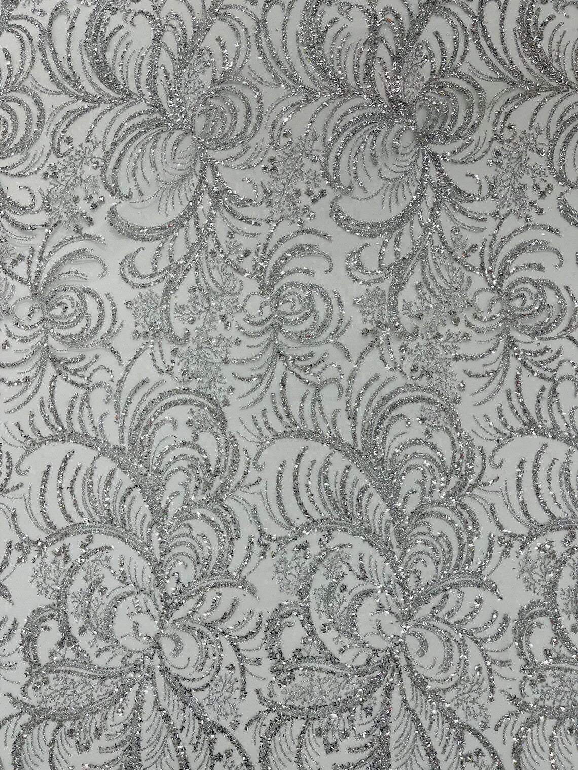 Glitter Palm Leaf Design Fabric - Silver - Tulle Mesh Glitter Leaf Design Fabric Sold By Yard