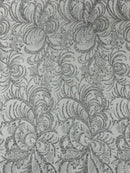 Glitter Palm Leaf Design Fabric - Silver - Tulle Mesh Glitter Leaf Design Fabric Sold By Yard