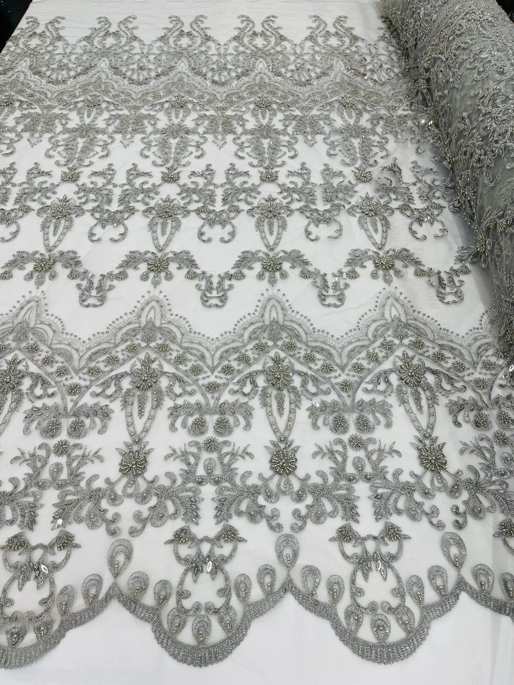 Damask Bead Fabric - Silver - Embroidered Glamorous Fabric with Round Beads Sold By Yard