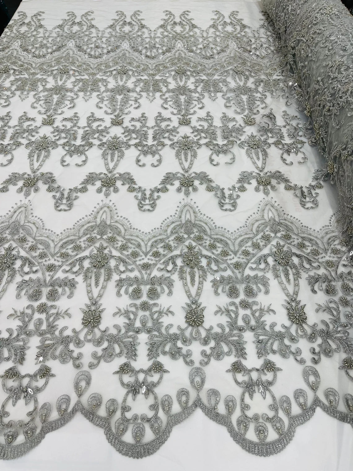 Damask Bead Fabric - Silver - Embroidered Glamorous Fabric with Round Beads Sold By Yard