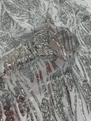 Wavy Leaf Sequins Fabric - Silver - Wavy Lines and Leaves Design on Lace Mesh Fabric by Yard