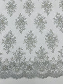 Floral Pearl Bead Fabric - Silver - Flower Design with Beads and Sequins Fabric Sold By Yard