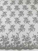 Embroidered Corded Lace Fabric - Silver - Cluster Fancy Flower Embroidered Lace Fabric By Yard