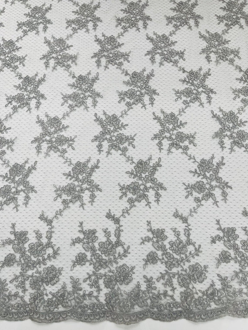 Embroidered Corded Lace Fabric - Silver - Cluster Fancy Flower Embroidered Lace Fabric By Yard