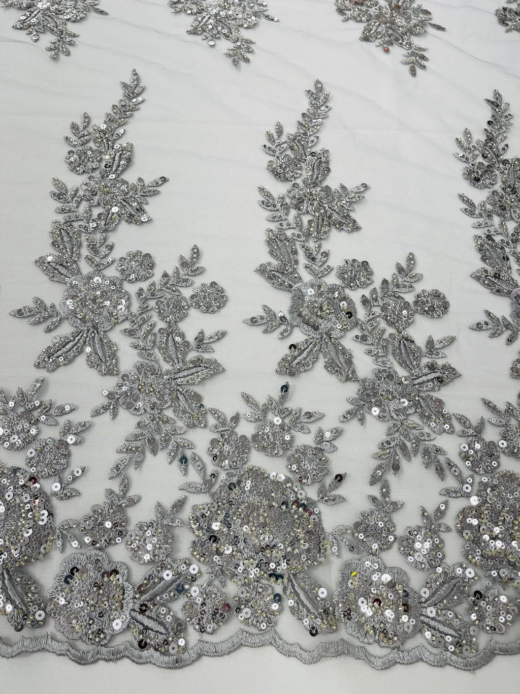 Beaded Rose Flower Fabric - Silver - Embroidered Beaded Long Border Floral Fabric By Yard