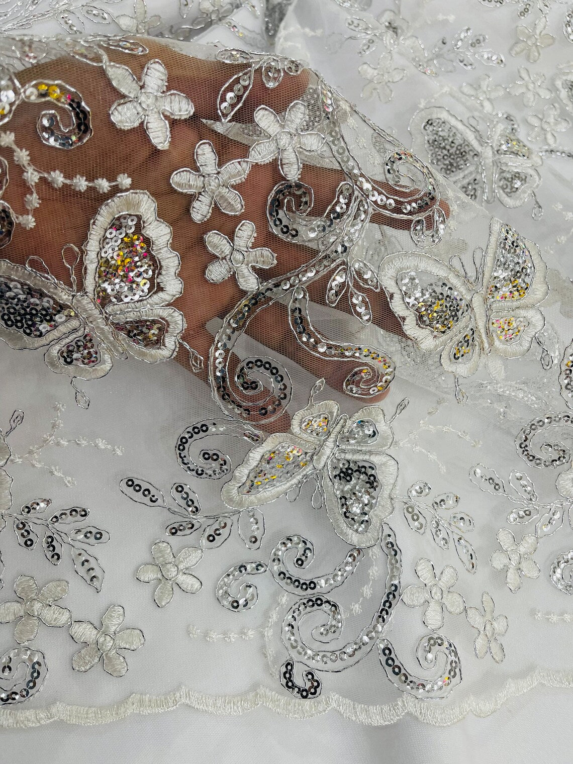Butterfly Sequins Fabric - Silver - Metallic Floral Butterfly Design on Lace Fabric By Yard