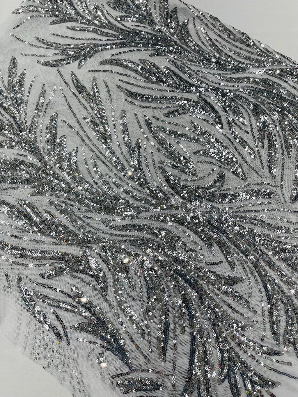 Leaf Design Stretch Sequins - Silver - 4 Way Stretch Lace Mesh Sequins Fabric by Yard