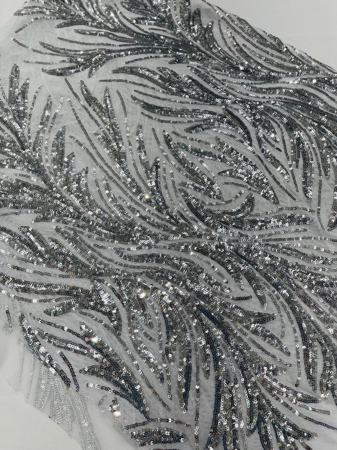Leaf Design Stretch Sequins - Silver - 4 Way Stretch Lace Mesh Sequins Fabric by Yard
