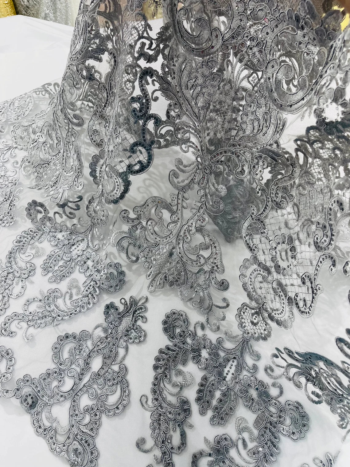 King Lace Pattern Fabric - Silver - Embroidered Sequins on Lace Mesh Fabric By Yard