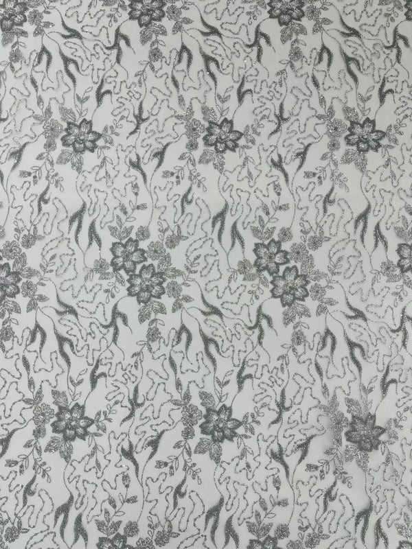 Flower Glitter Fabric - Silver - 3D Floral Tulle Fabric for Wedding, Quinceañera By Yard