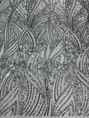 Curvy Line Design Fabric - Silver - 4 Way Stretch Sequins Design Mesh Lace Fabric by Yard