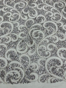 Beaded Swirl Design Fabric - Silver - Swirl Design with Beads and Sequins on Lace by Yard