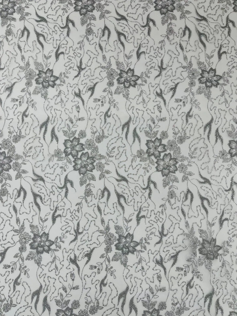 Flower Glitter Fabric - Silver - 3D Floral Tulle Fabric for Wedding, Quinceañera By Yard