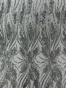 Wavy Leaf Sequins Fabric - Silver - Wavy Lines and Leaves Design on Lace Mesh Fabric by Yard