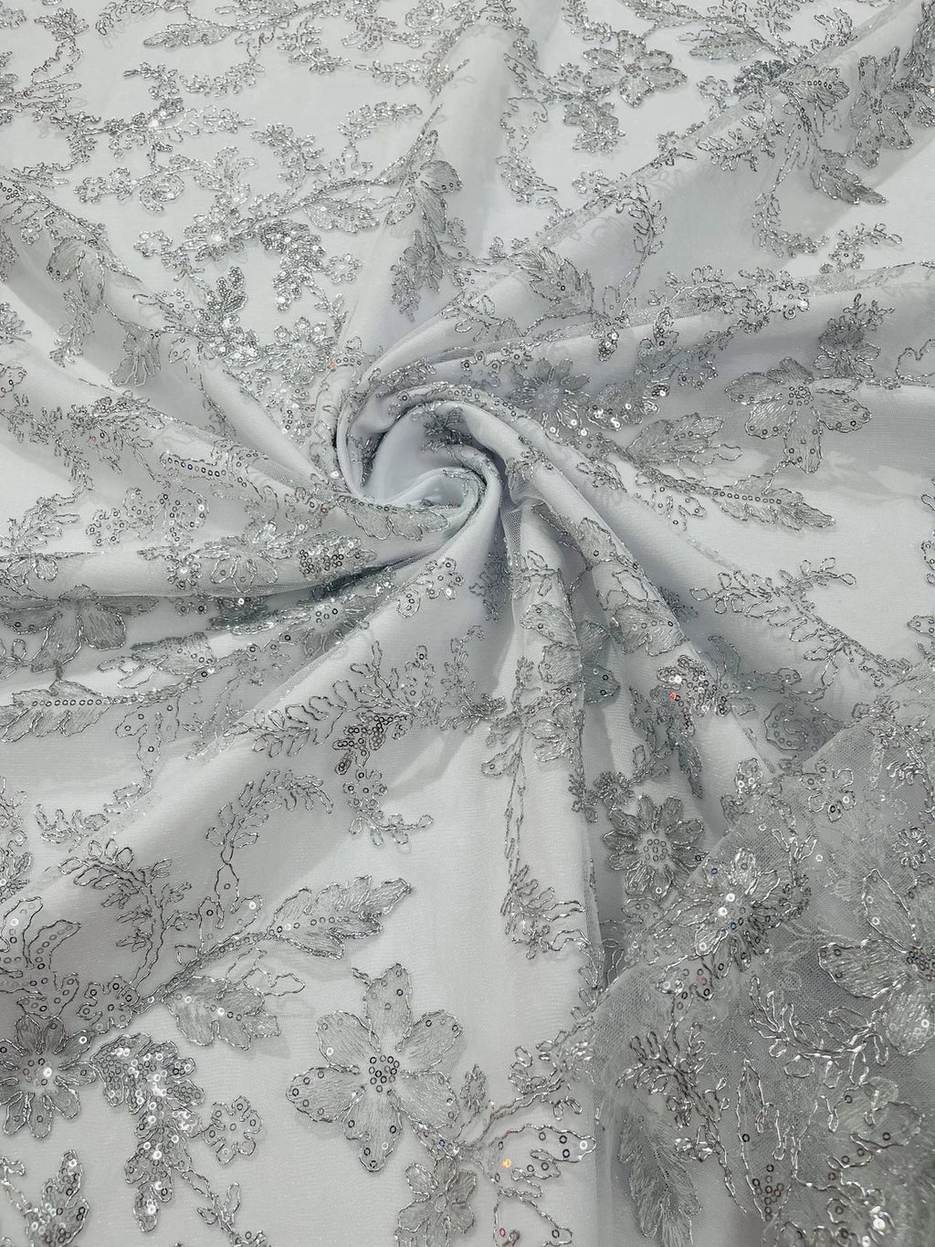 Floral Metallic Lace Fabric - Silver - Corded Embroidered Floral Sequins Fabric by Yard