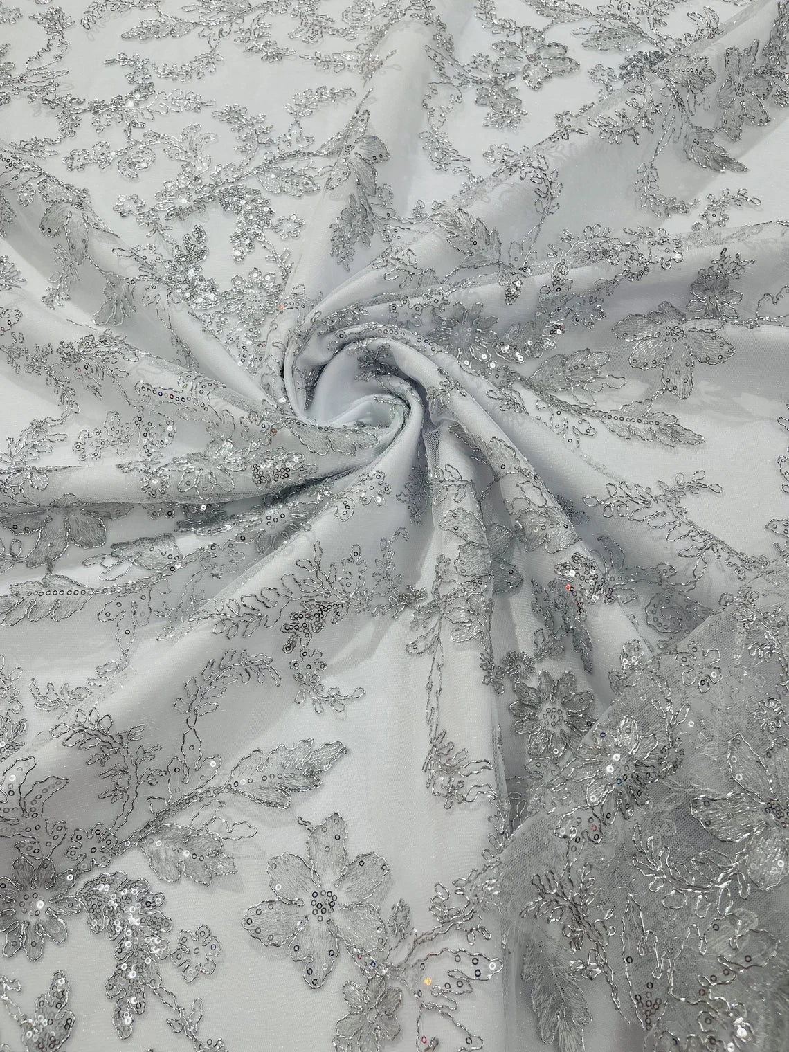 Floral Metallic Lace Fabric - Silver - Corded Embroidered Floral Sequins Fabric by Yard