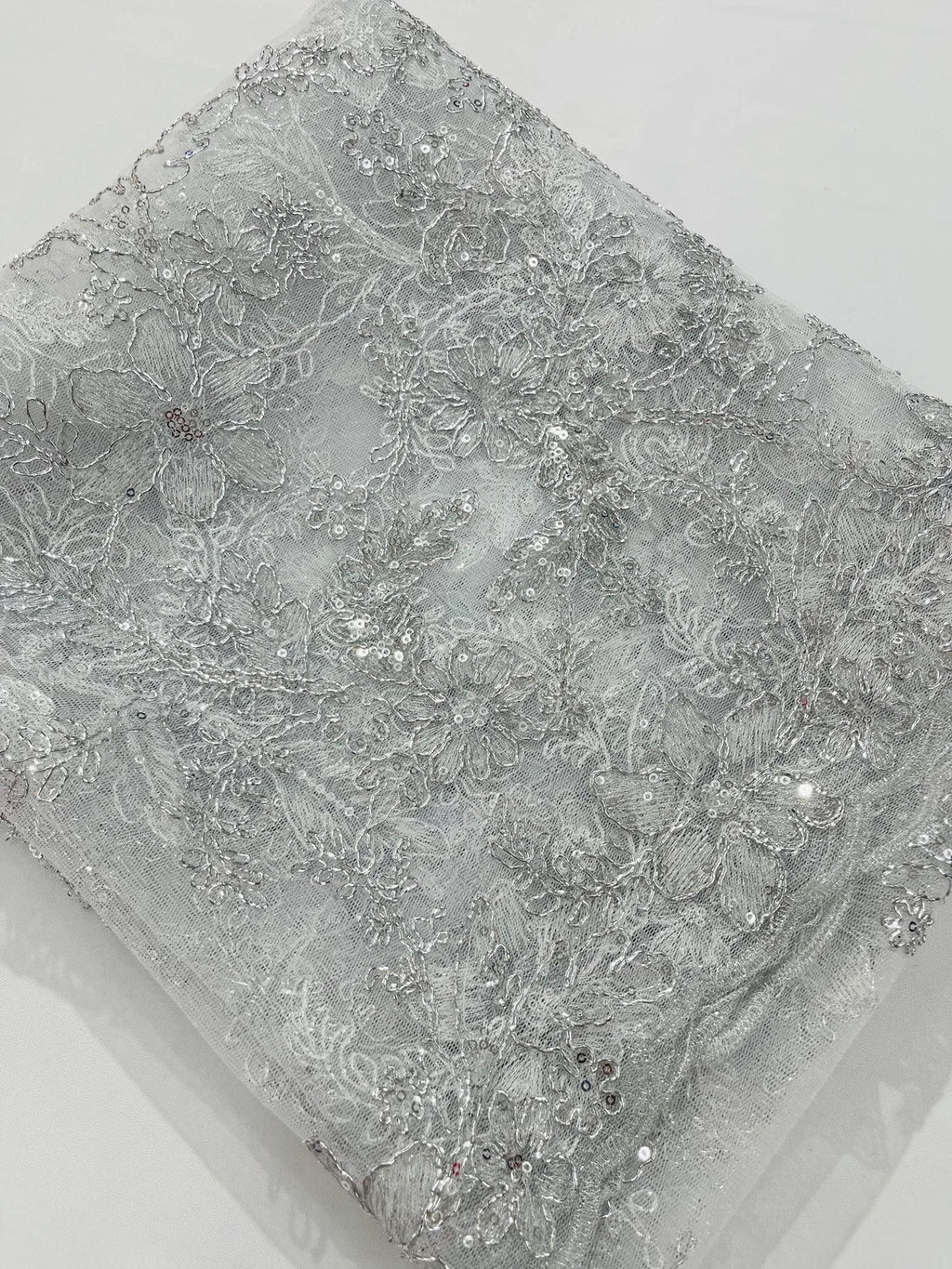 Floral Metallic Lace Fabric - Silver - Corded Embroidered Floral Sequins Fabric by Yard