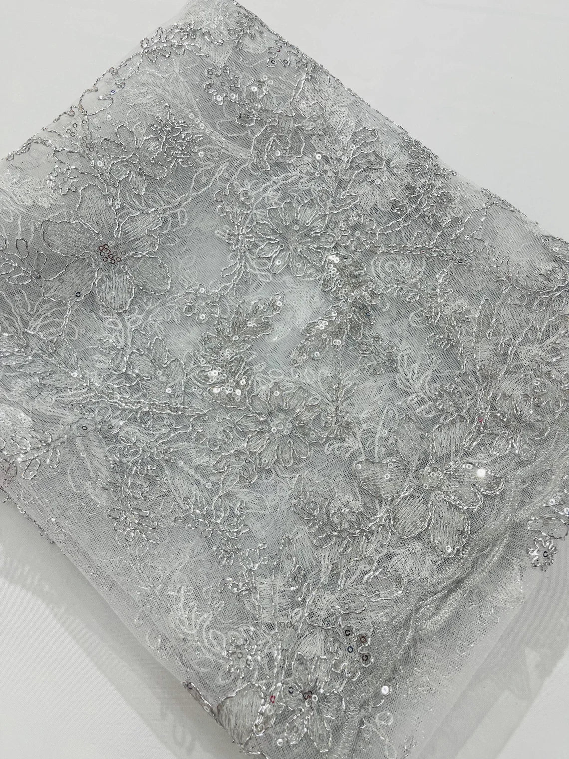 Floral Metallic Lace Fabric - Silver - Corded Embroidered Floral Sequins Fabric by Yard