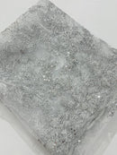 Floral Metallic Lace Fabric - Silver - Corded Embroidered Floral Sequins Fabric by Yard