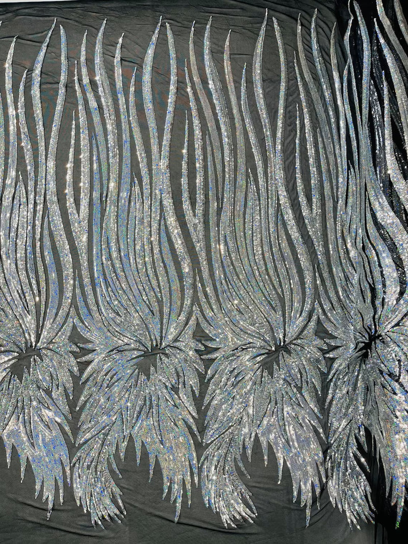 Phoenix Wing Sequins - Silver Holographic - 4 Way Stretch Wings Pattern Design Fabric By Yard