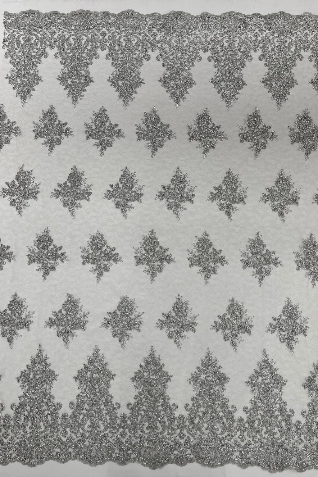 Damask Border Corded Lace - Silver Metallic - Floral Cluster Design Damask Border on Lace Fabric Yard
