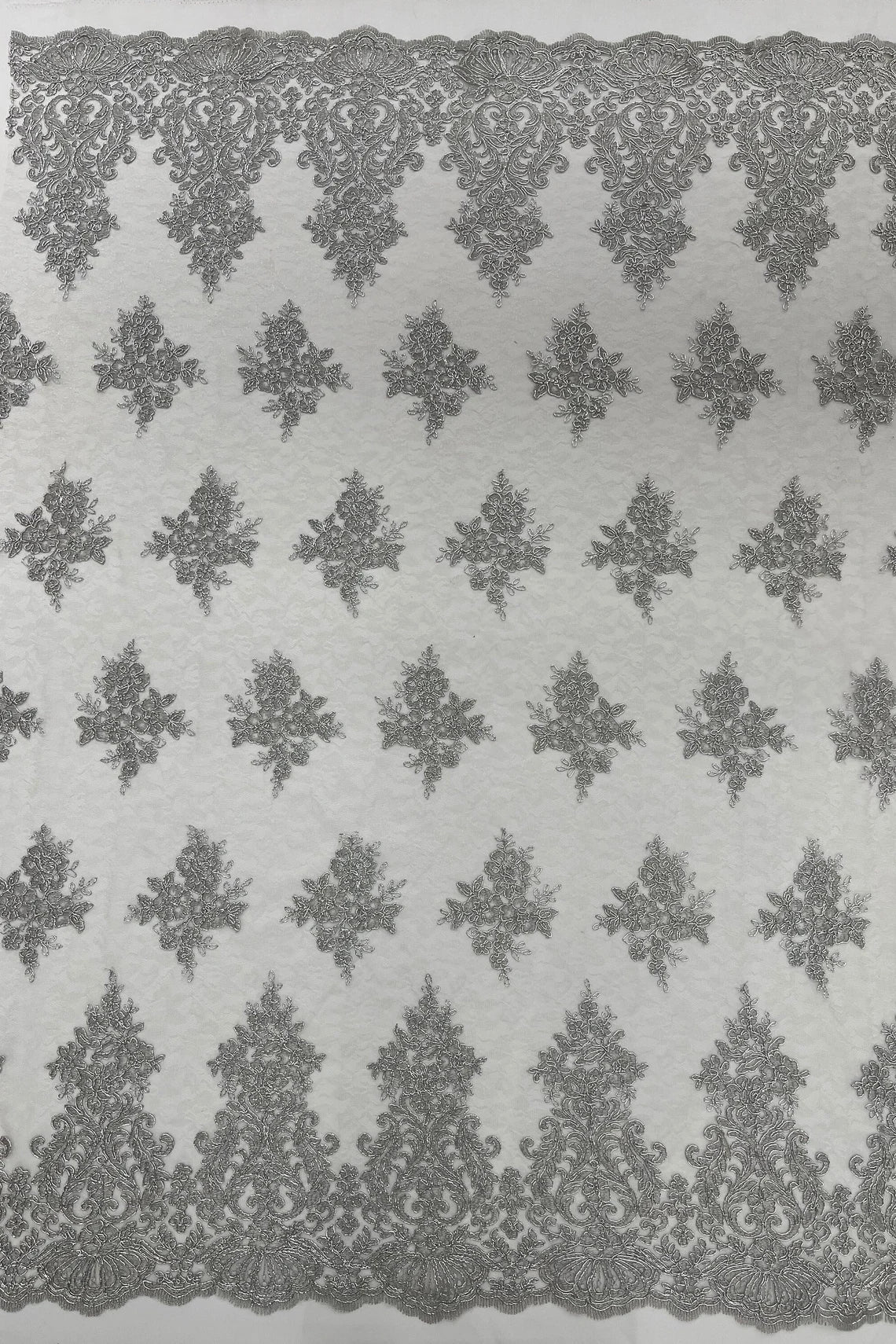 Damask Border Corded Lace - Silver Metallic - Floral Cluster Design Damask Border on Lace Fabric Yard