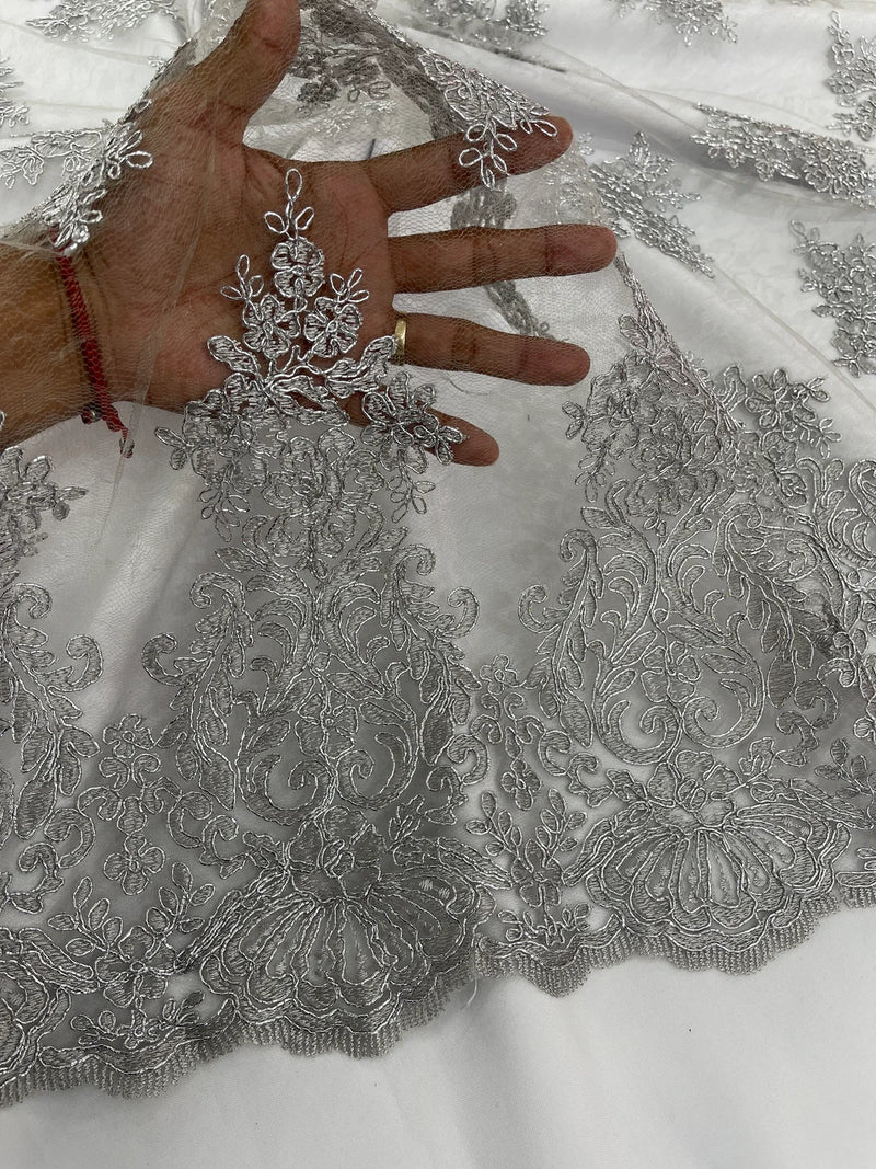 Damask Border Corded Lace - Silver Metallic - Floral Cluster Design Damask Border on Lace Fabric Yard