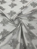 Damask Border Corded Lace - Silver Metallic - Floral Cluster Design Damask Border on Lace Fabric Yard